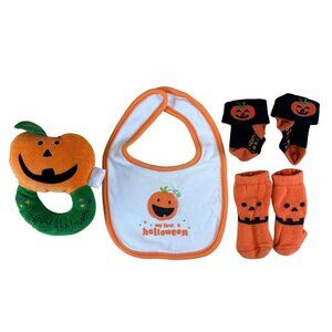 My First Halloween Bib Rattle Set 4 Piece Lot Baby Newborn Pumpkin Orange